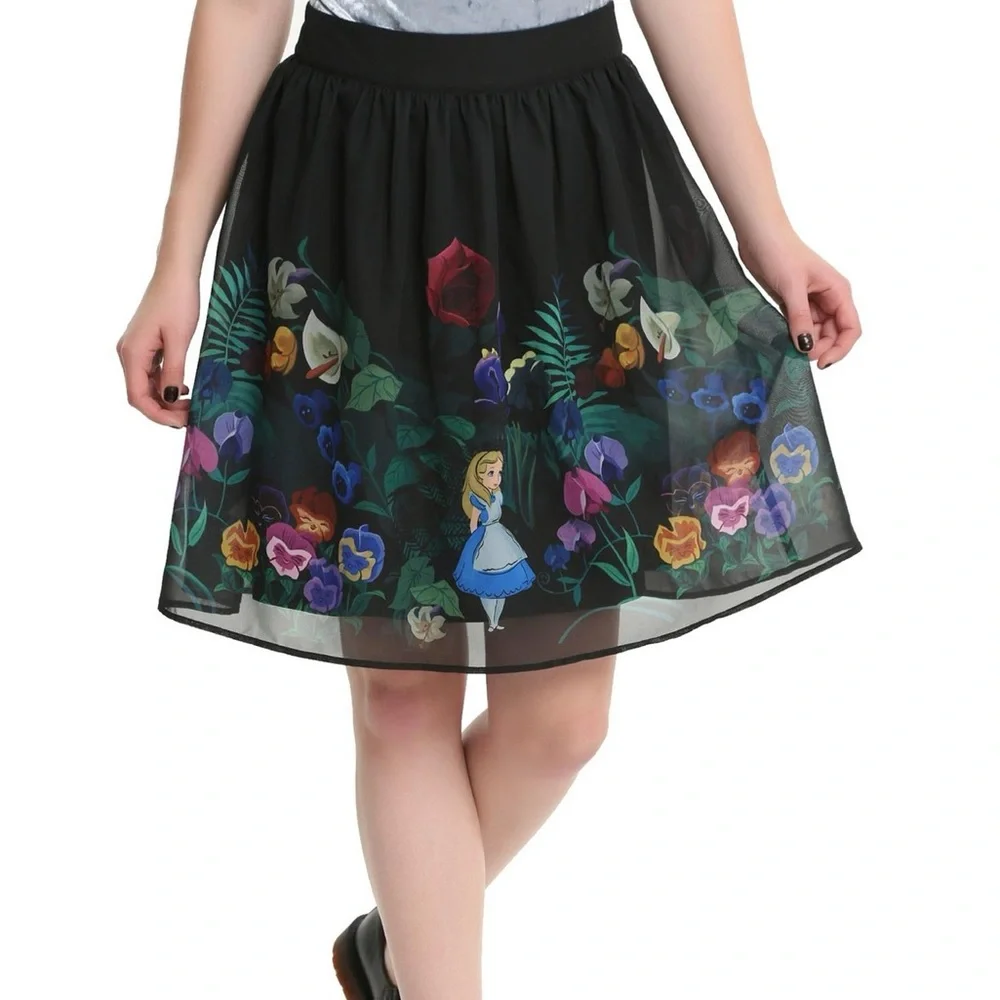 DISNEY Alice In Wonderland Flowers Border Print Chiffon Skirt Size XS - Picture 1 of 13